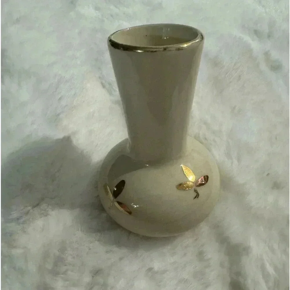 Vintage MCM Ceramic Cream & Gold Floral Handpainted Small Vase 70’s 80’s Fun - Picture 3 of 12